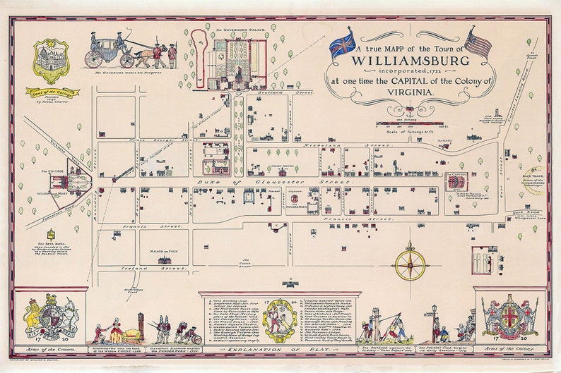 May include: A vintage map of Williamsburg, Virginia, showing the layout of the town in the 1700s. The map is hand-drawn and features a compass, flags, and a key with numbered descriptions of important buildings and landmarks. The text reads "A true MAPP of the Town of WILLIAMSBURG incorporated. 1731 at one time the CAPITAL of the Colony of VIRGINIA."