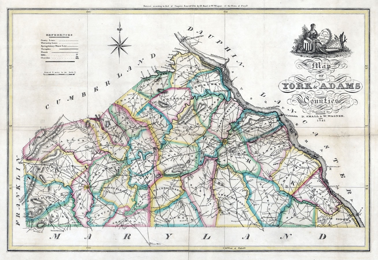 1821 Map of York & Adams County Pennsylvania Etsy