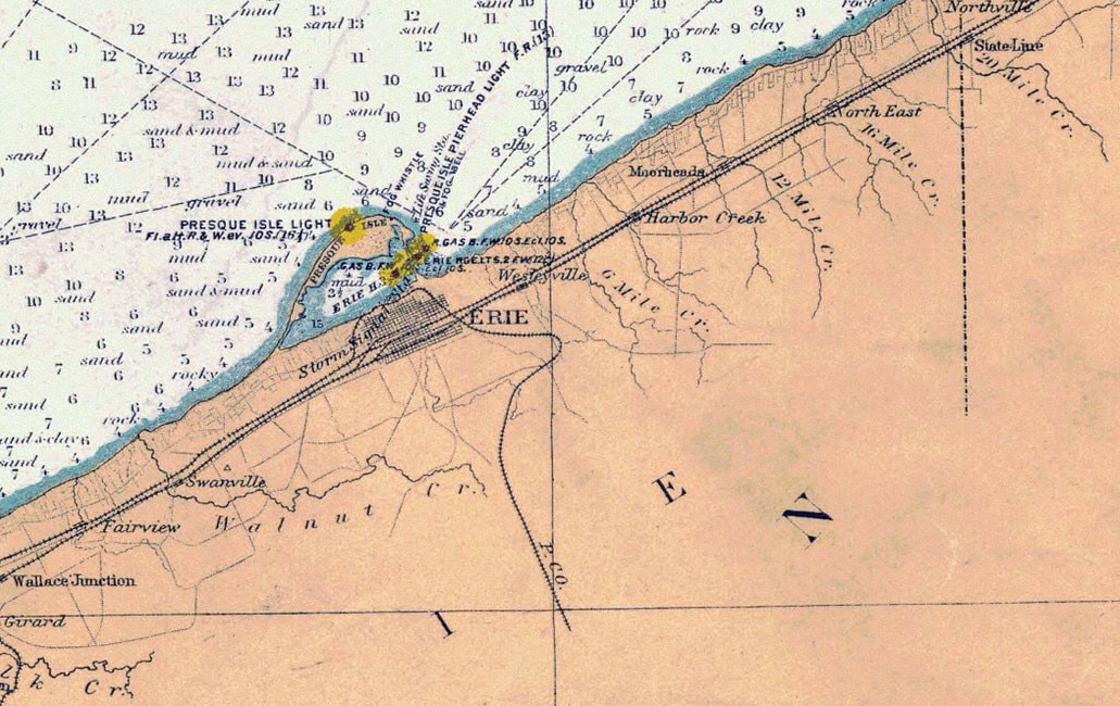 エリー湖様 1903 Nautical Map of Lake Erie USA & Canada Presque Isle