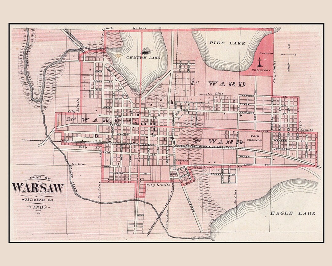 1876 Town Map of Warsaw Kosciusko County Indiana Etsy