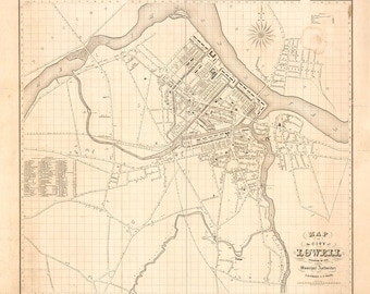 May include: A detailed black and white map of the city of Lowell, Massachusetts, published by the Municipal Authorities in 1846. The map shows the city's streets, buildings, and waterways. The map is divided into a grid of squares, with each square representing a block of the city. The map also includes a key that identifies the different types of buildings and landmarks.
