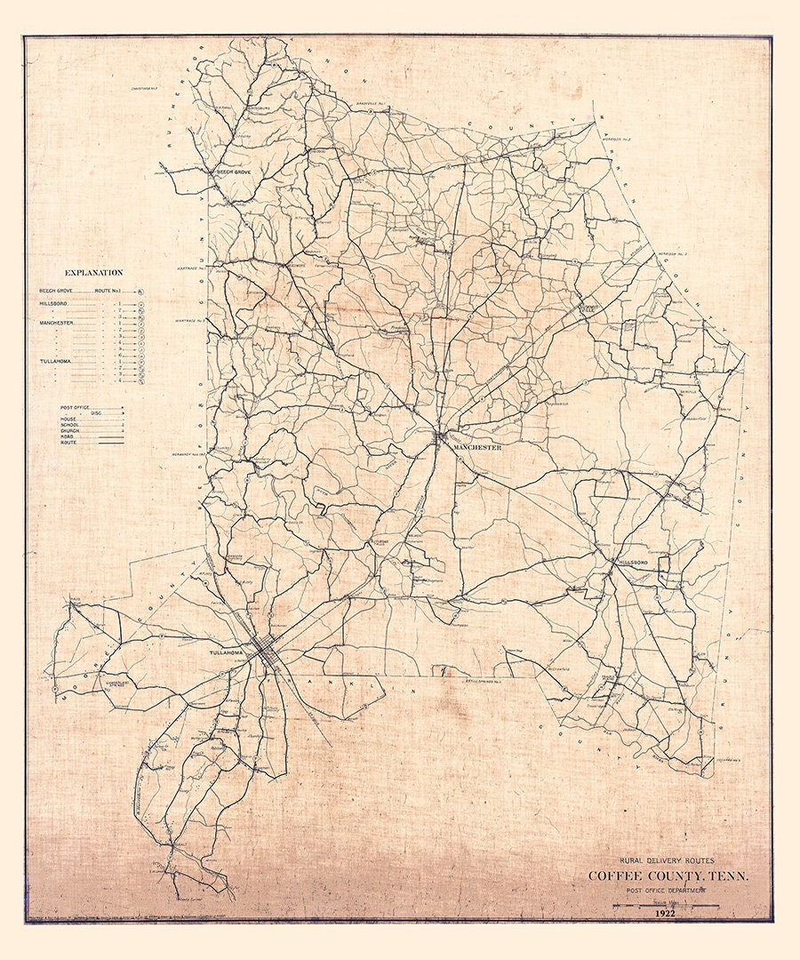 Coffee County Tn Map 1922 Map Of Coffee County Tennessee | Etsy