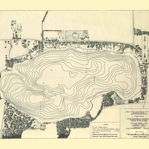May include: A black and white contour map of Yellow Creek Lake in Wisconsin. The map shows the lake's depth with contour lines and includes a legend and scale.