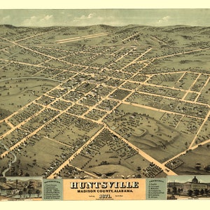 1871 Panorama-Karte von Huntsville Madison County, Alabama