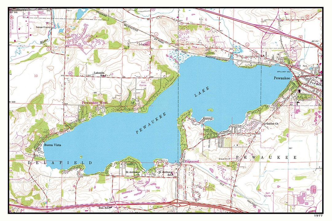 1977 Map of Pewaukee Lake Wisconsin Etsy