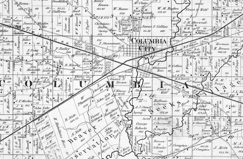 1900 Farm Line Map of Whitley County Indiana Columbia City Prints