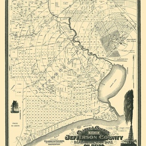 Peut inclure: Une carte en noir et blanc du comté de Jefferson, au Texas, montrant l'emplacement des champs pétroliers de Beaumont et de Sour Lake. La carte est datée de mai 1901 et comprend une légende indiquant l'emplacement de différents puits de pétrole.