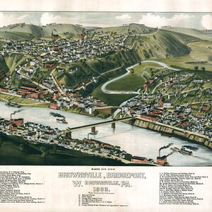 1883 Aerial Map of Brownsville Fayette & Washington County Pennsylvania