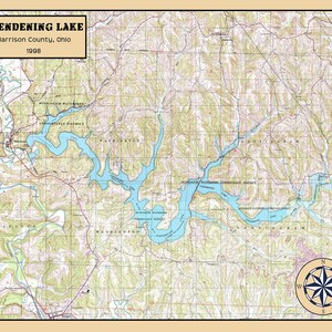 May include: A topographic map of Clendening Lake in Harrison County, Ohio. The map shows the lake's shape, surrounding land features, and nearby towns. The map is dated 1998.