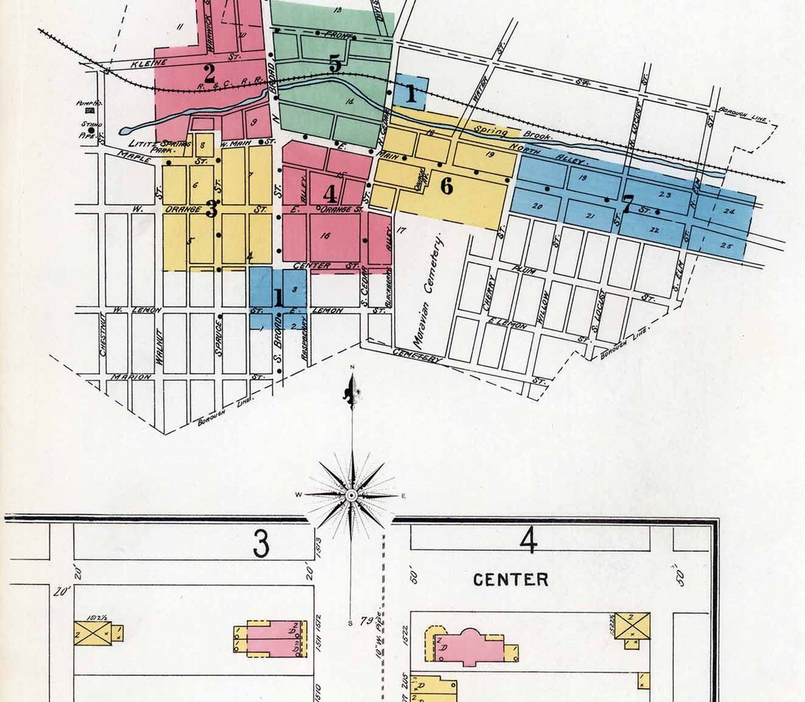 1898 Town Map of Lititz Lancaster County Pennsylvania Etsy