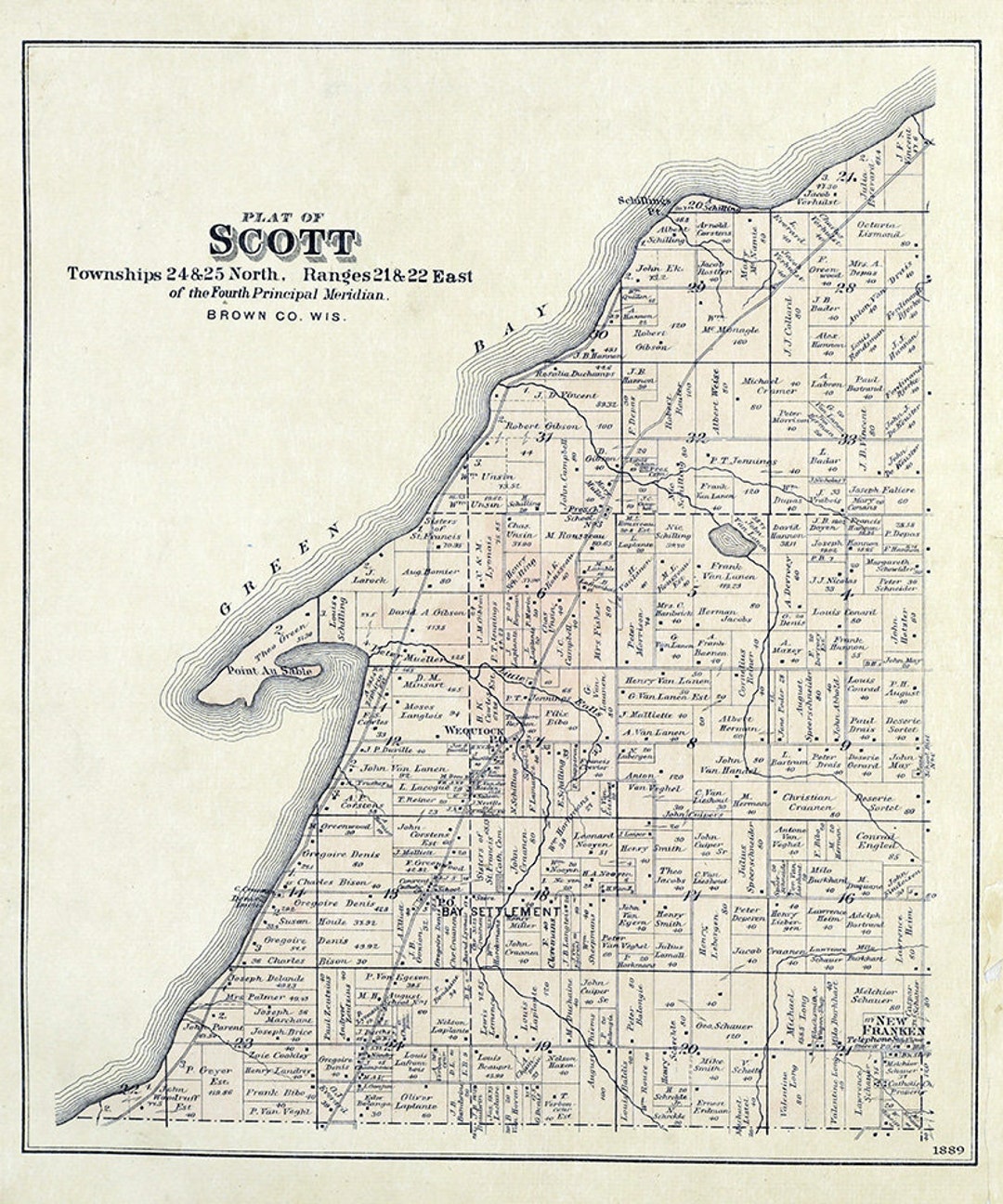 1889 Map of Scott Township Brown County Wisconsin Etsy