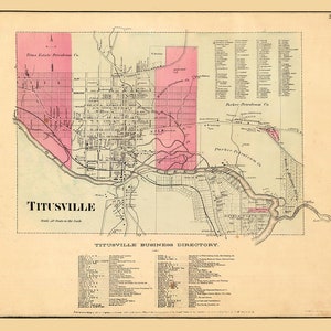 1865-Karte der Ölregion Titusville Venango County in Pennsylvania