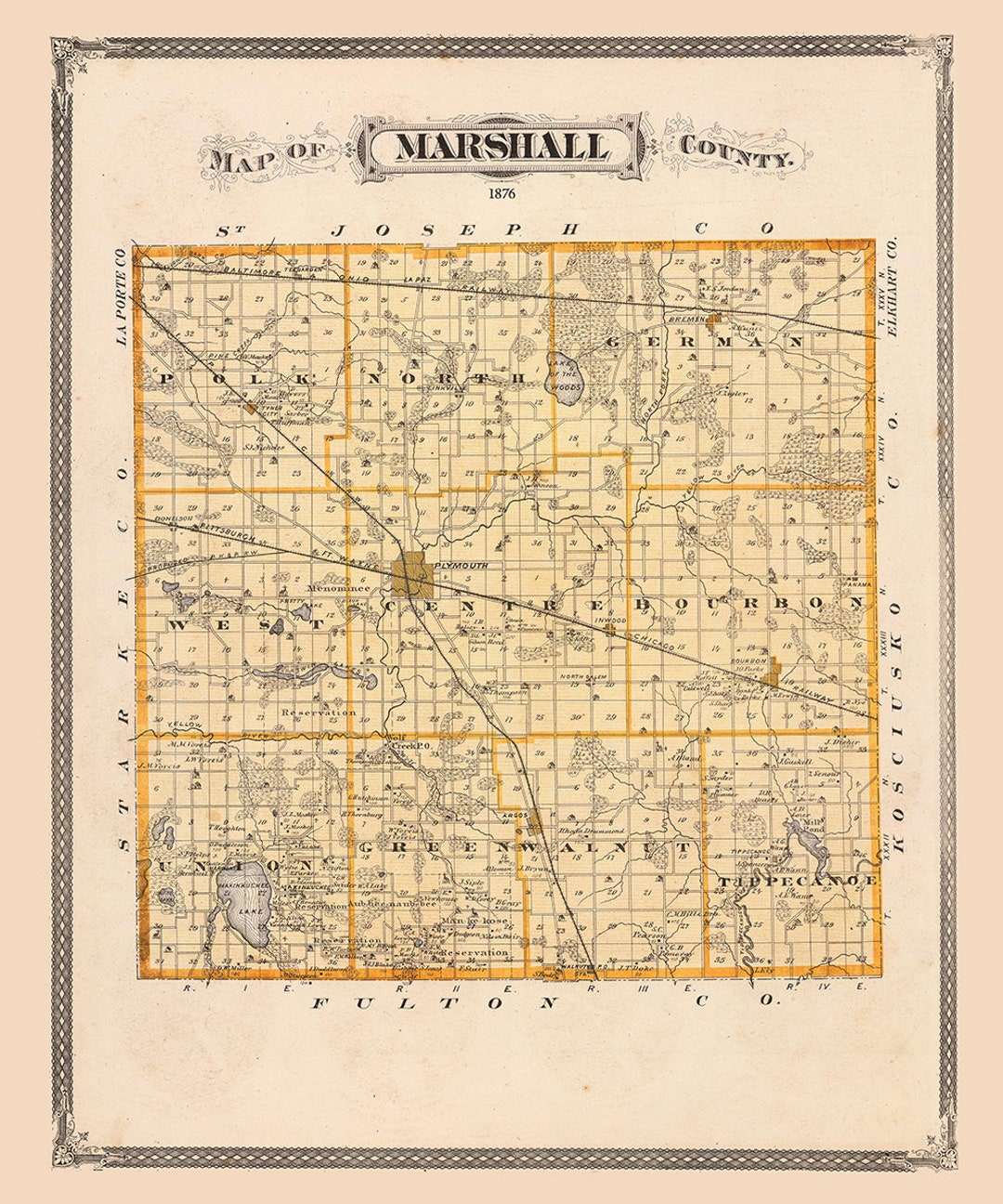 1876 Map of Marshall County Indiana Etsy