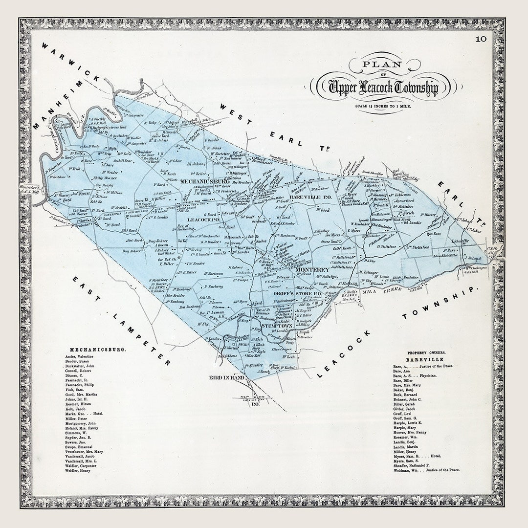 1864 Map of Upper Leacock Township Lancaster County Pennsylvania Etsy