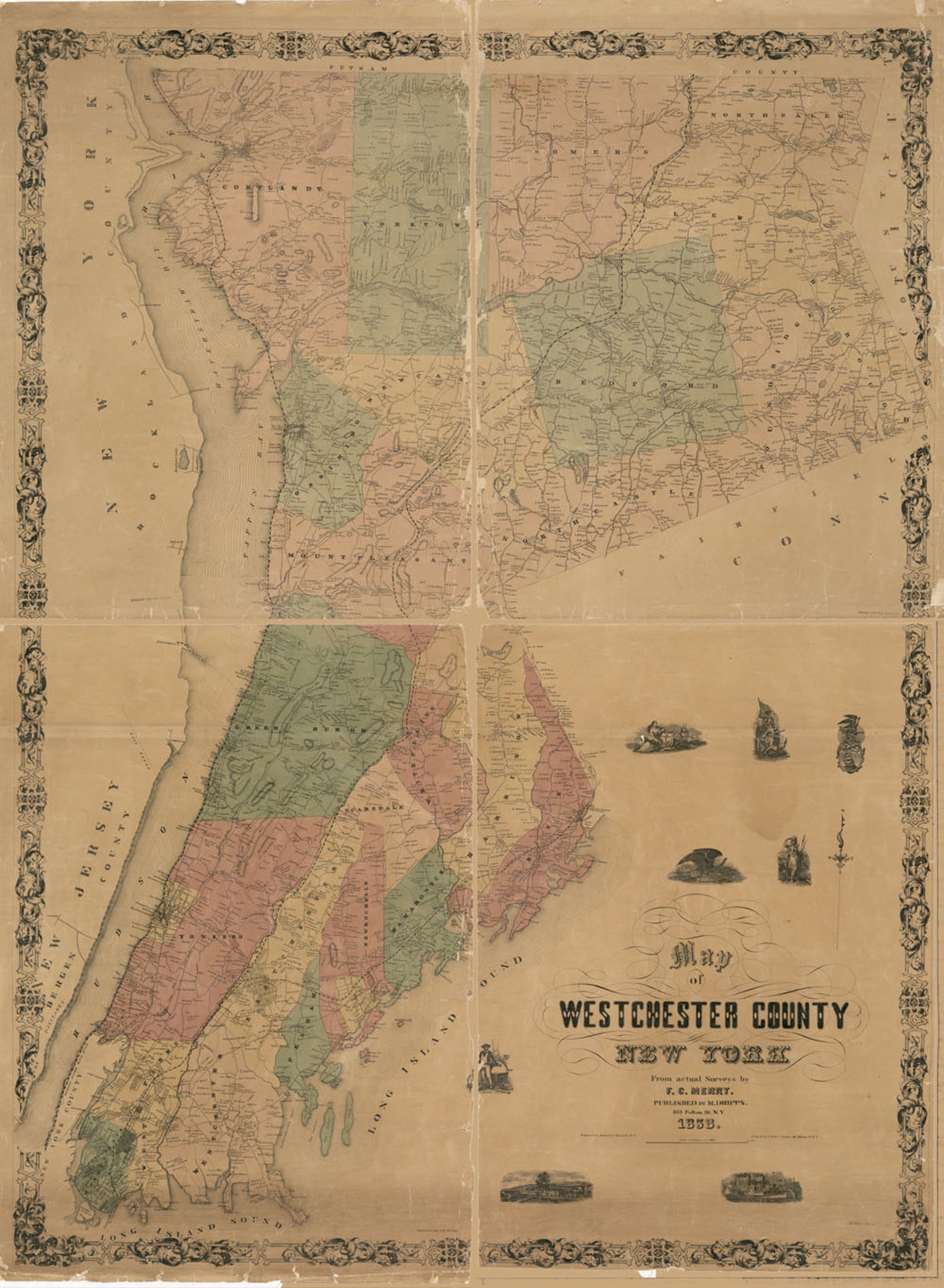 1858 Map of Westchester County NY From Actual Surveys Yonkers Etsy