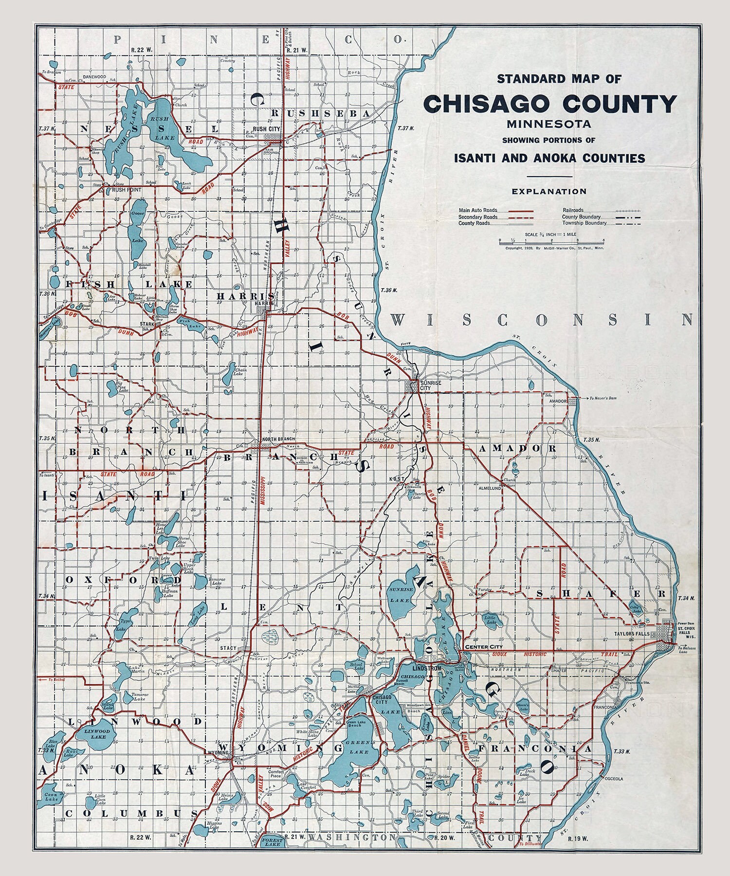 Chisago County Property Map 1920 Map Of Chisago Anoka And Isanti County Minnesota | Etsy Norway