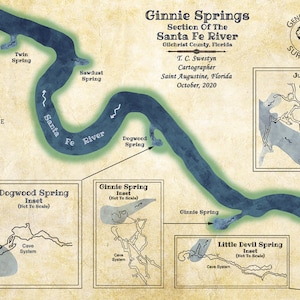 Mapa sekcji Ginnie Springs rzeki Santa Fe na Florydzie