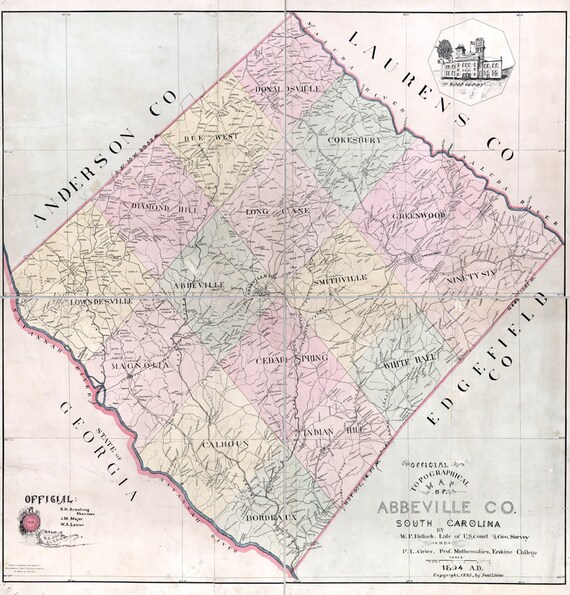 1895 Map of Abbeville County South Carolina Family Names Etsy