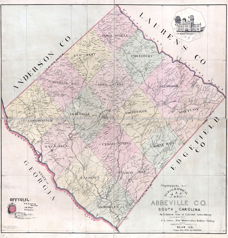 1895 Map of Abbeville County South Carolina Family Names Etsy