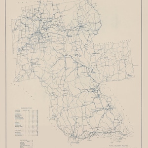 Pode incluir: Um mapa vintage do condado de Middlesex, Connecticut, mostrando as rotas de entrega rurais. O mapa é impresso em tinta azul sobre um fundo bege. O mapa inclui cidades, estradas e rios.