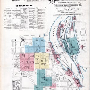 Puede incluir: Mapa antiguo de Appleton, Wisconsin, publicado por Sanborn Map Publishing Co. en octubre de 1883. El mapa presenta un diseño detallado de las calles, áreas coloreadas y el río Fox. El título "APPLETON WISCONSIN" se muestra prominentemente.