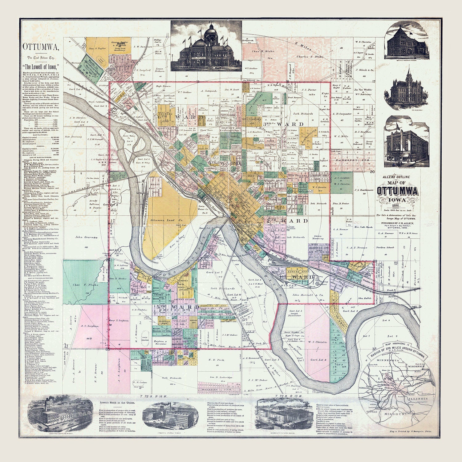 1891 Map of Ottumwa Iowa - Etsy