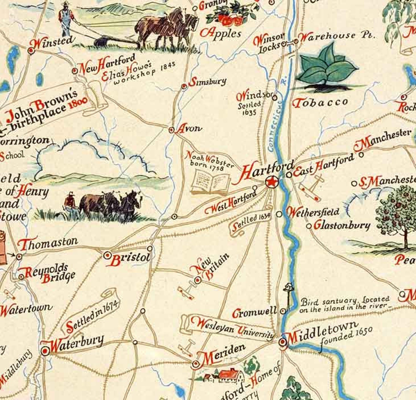 1930 Cartoon Map of the State of Connecticut | Etsy