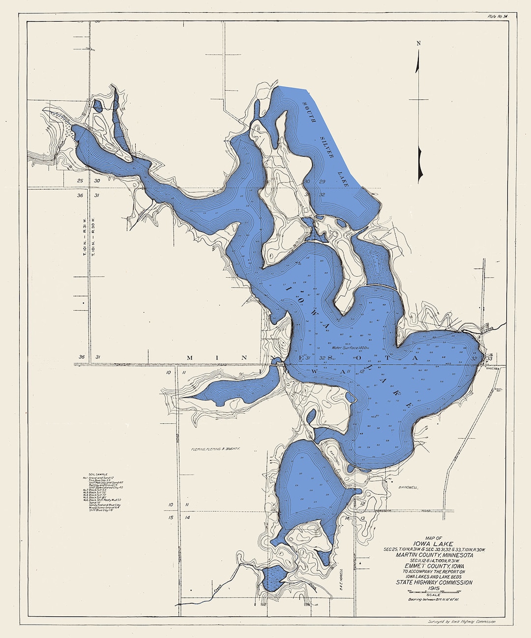1915 Map of Iowa Lake Martin County Minnesota Emmet County Iowa Etsy