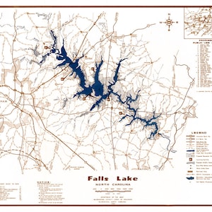 May include: A vintage map of Falls Lake in North Carolina, showing the lake's shape, surrounding roads, and proposed public use sites. The map is in brown and blue tones, with a legend and a compass rose.