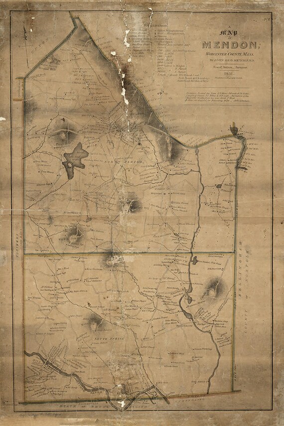 1831 Map of Mendon Worcester County Mass Etsy