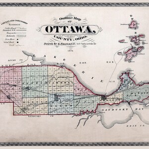 1874 Mappa delle isole del lago Erie della contea di Ottawa, Ohio