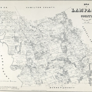 1879 Farm Line Map du comté de Lampasas au Texas