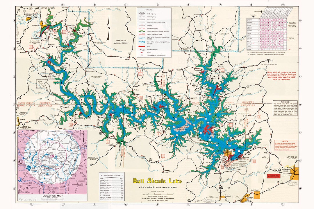 1984 Map of Bull Shoals Lake Arkansas and Missouri Etsy