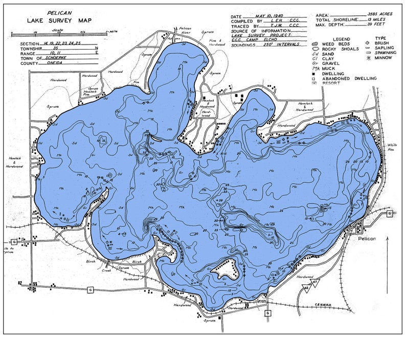 1940 Map of Pelican Lake Oneida County Wisconsin Etsy