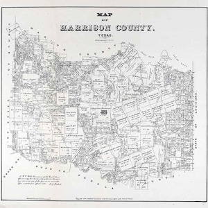 May include: A black and white map of Harrison County, Texas. The map shows the county's boundaries, roads, and towns. The map is dated 1884.