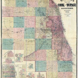1890 Farm Line Map of Cook and Dupage County Illinois Chicago