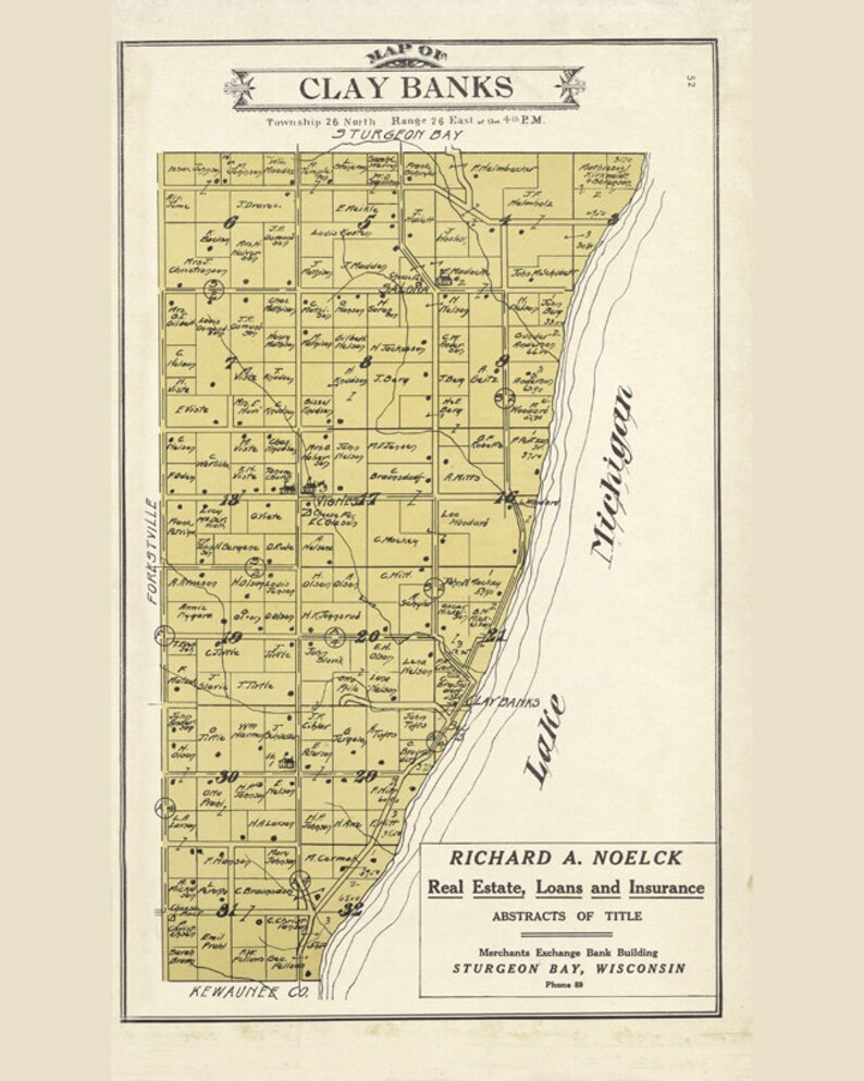 1914 Map of Clay Banks Township Door County Wisconsin Etsy
