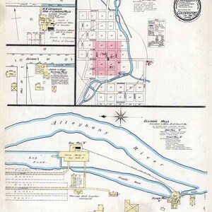 May include: A vintage map of Coudersport, Pennsylvania, showing the location of various mills and businesses. The map is drawn in blue and black ink on a white background. The map includes a key and a note about the map's creation.