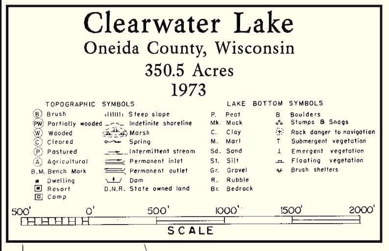 1973 Map of Clearwater Lake Oneida County Wisconsin Etsy
