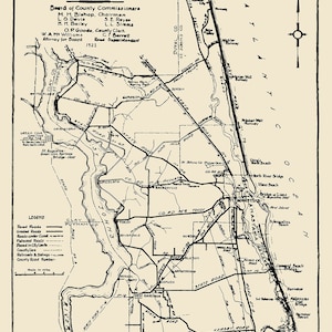 May include: A black and white map of St. Johns County, Florida, showing roads, railroads, and county lines. The map includes a legend with descriptions of the different road types. The map also includes the names of towns and cities in the county, including St. Augustine, Palatka, and Hastings.
