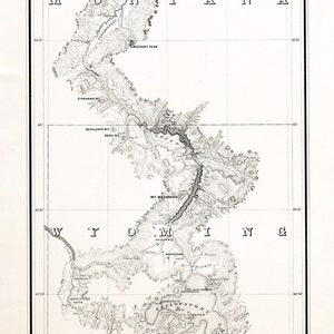 Carte 1871 du lac Yellowstone et du cours supérieur de la rivière Yellowstone, Wyoming Montana