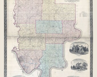 Op de afbeelding: Een vintage kaart van Perry County, Indiana, met daarop de indeling van townships en landbouwgrond. De kaart is gedrukt in zwart-wit met gekleurde accenten. De kaart bevat een titel, een legenda en drie ingebedde afbeeldingen van gebouwen.