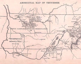 May include: A black and white line drawing map of Tennessee, showing the boundaries of the state and the locations of various Native American tribes. The map is titled "Aboriginal Map of Tennessee".