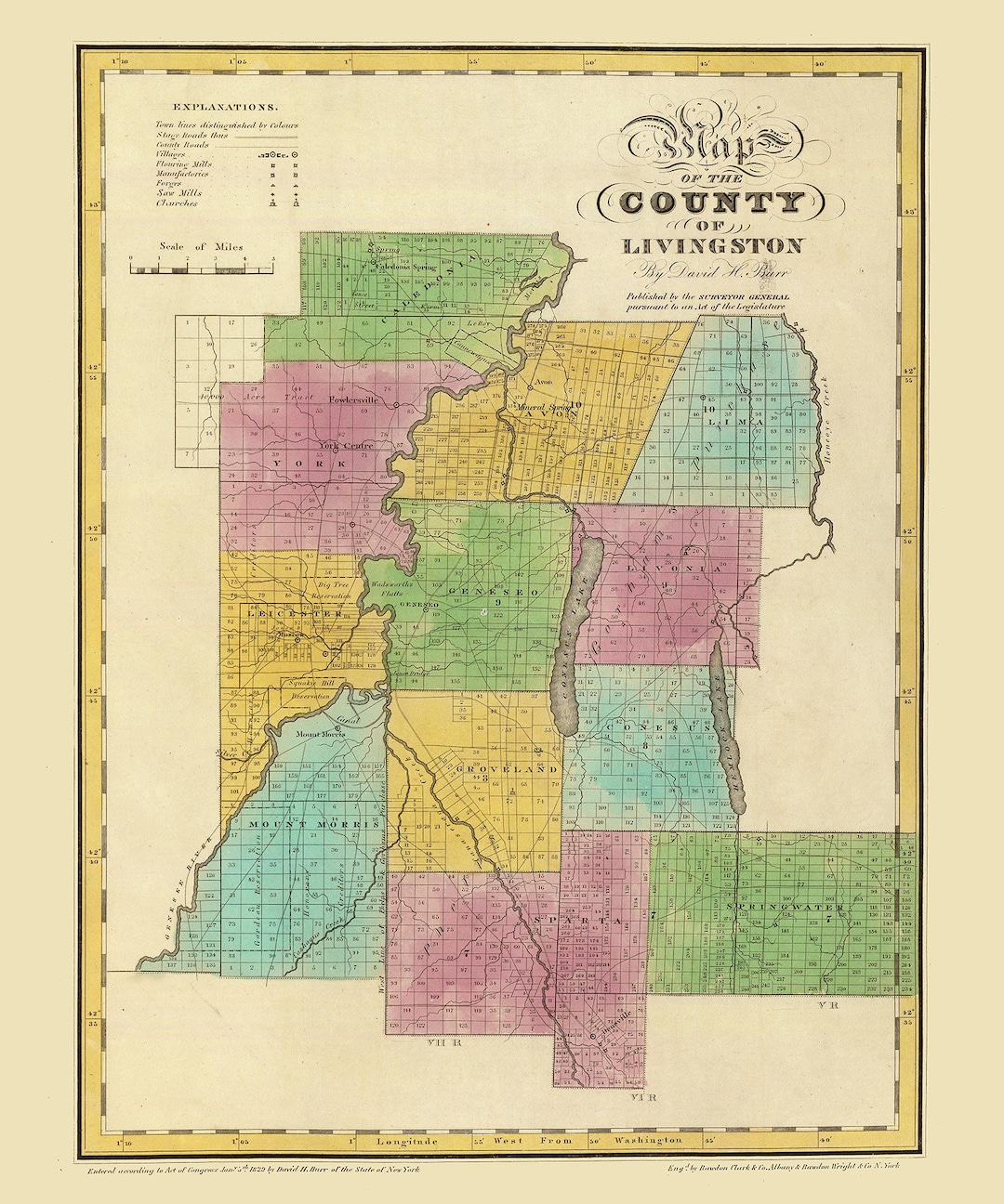 1829 Map of Livingston County New York Etsy