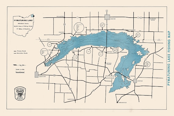 1961 Map of Pymatuning Lake Ashtabula County Ohio and Pennsylvania