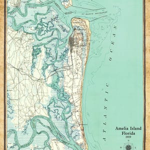 1919 Carte d'Amelia Island en Floride Fernandina Beach