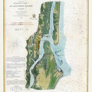 May include: A vintage map of St. Augustine Harbor, Florida, with detailed markings of the coastline, waterways, and surrounding land. The map is printed on aged paper with a light blue, green, and brown color scheme.