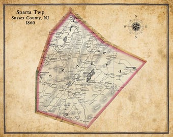 May include: An antique map of Sparta Township, Sussex County, New Jersey, dated 1860. The map is printed on aged paper with a faded brown background and features a compass rose in the top right corner. The map shows roads, rivers, and other geographical features of the township.