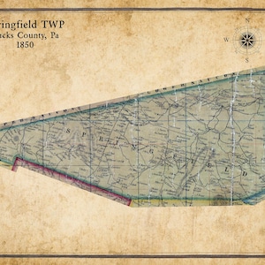Puede incluir: Un mapa antiguo de Springfield Township, condado de Bucks, Pensilvania, de 1850. El mapa está impreso en papel envejecido con un fondo marrón claro y presenta un contorno detallado del municipio con carreteras, ríos y límites de propiedad.