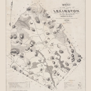 Puede incluir: Un mapa en blanco y negro de Lexington, Massachusetts, de 1830. El mapa muestra carreteras, ríos y otras características de la ciudad. El título del mapa es "Plan of the Town of Lexington in the County of Middlesex."